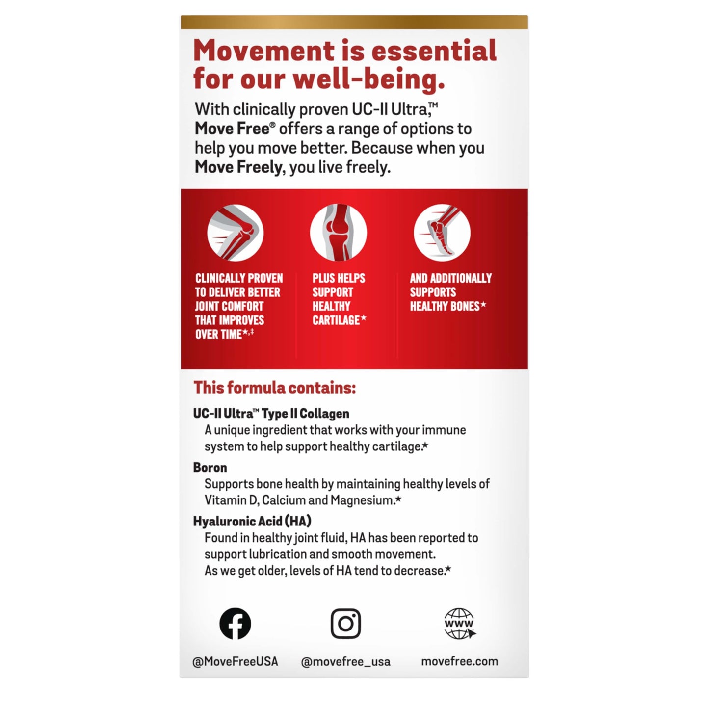 Move Free Ultra Triple Action Joint Support Supplement - Type II Collagen Boron & Hyaluronic Acid - Supports Joint Comfort, Cartiliage & Bones in 1 Tiny Pill Per Day, 64 Tablets (64 servings)*