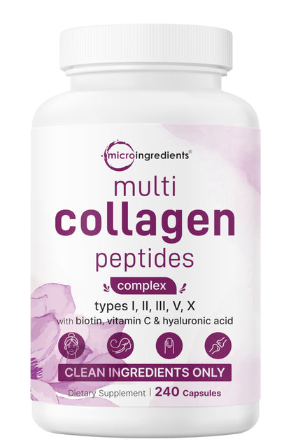 Micro Ingredients Multi Collagen Pills for Women & Men, 240 Capsules | Type I, II, III, V, X | Hydrolyzed Peptides with Biotin, Hyaluronic Acid, & Fat Soluble Vitamin C Complex | Non-GMO, Filler Free