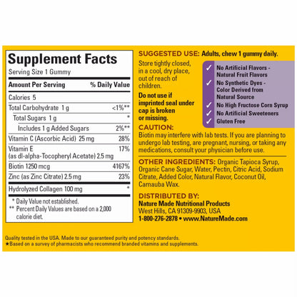 Nature Made Collagen Gummies with Vitamin C, Zinc, Biotin, Hydrolyzed Collagen Peptides for Women and Men, Healthy Skin Support Supplement, 60 Gummies, 60 Day Supply