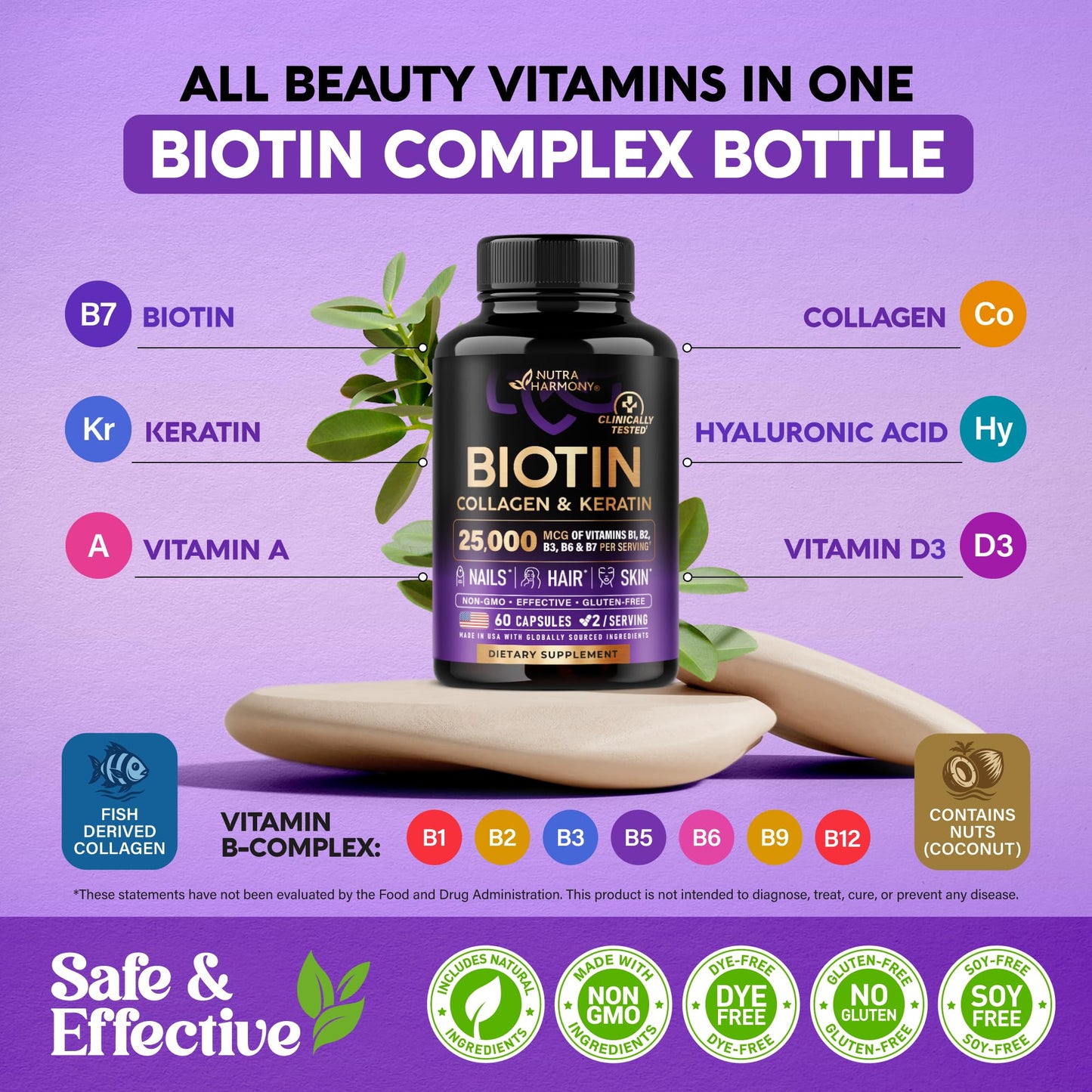 Biotin | Collagen | Hyaluronic Acid | Keratin - Support Normal Hair Growth Cycle, Skin & Nails - Clinically Tested - 25000mcg Vitamins B1, B2, B3, B6 & B7 - for Women & Men - Made in USA | 60 Capsules