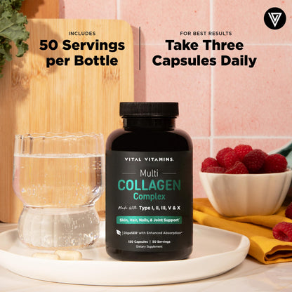 Vital Vitamins Multi Collagen for Women & Men - Type I, II, III, V, X - Grass Fed, Non-GMO - 150 Capsules