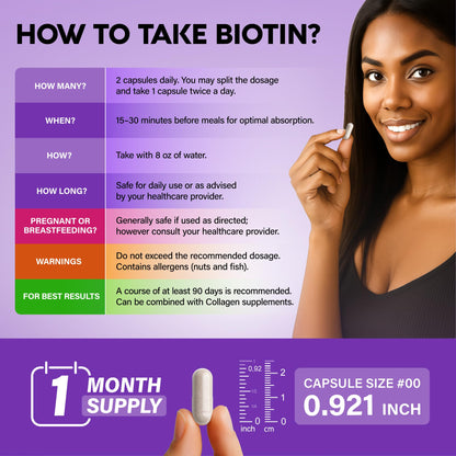 Biotin | Collagen | Hyaluronic Acid | Keratin - Support Normal Hair Growth Cycle, Skin & Nails - Clinically Tested - 25000mcg Vitamins B1, B2, B3, B6 & B7 - for Women & Men - Made in USA | 60 Capsules